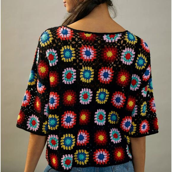 ANTHROPOLOGIE Magdalena Crochet Jumper Granny Square Black Multi Sz L {YY7} - Picture 2 of 6